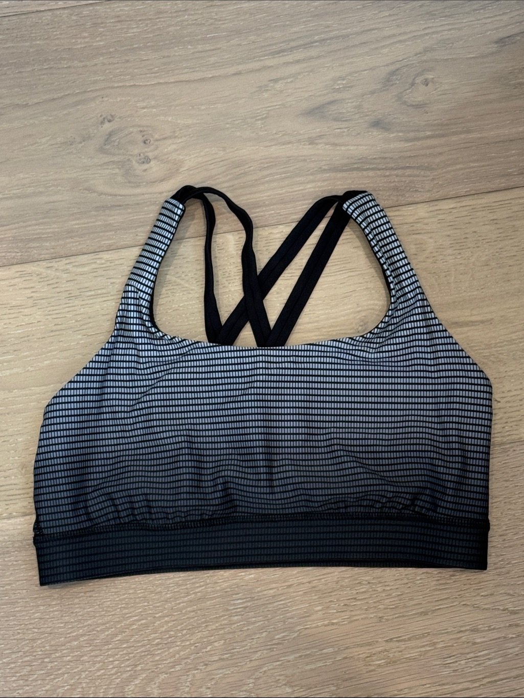 Lululemon Athletica Black And Gray Striped Crisscross Sports Bra